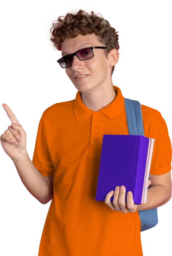 A smiling student in an orange polo holding a purple notebook, pointing towards the heading