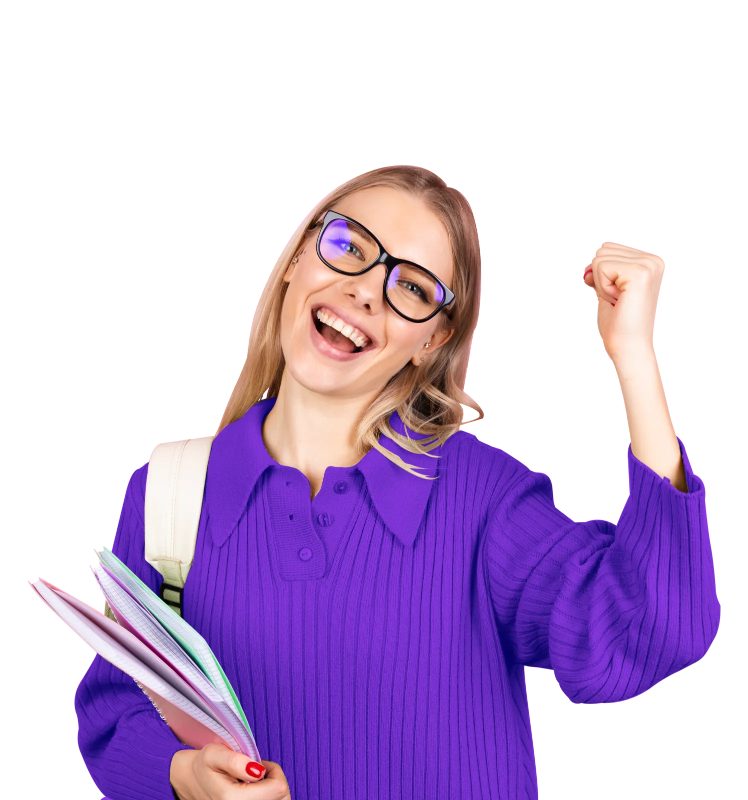 A smiling student in glasses holding her notebooks and raising a fist in celebration