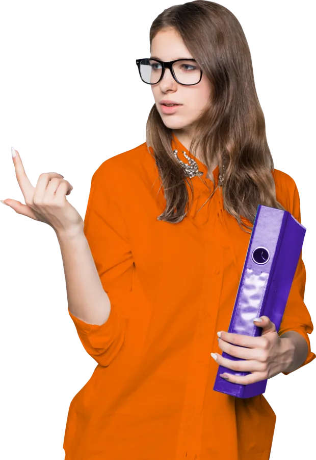 A student in glasses and an orange shirt holding a purple binder, pointing towards the heading