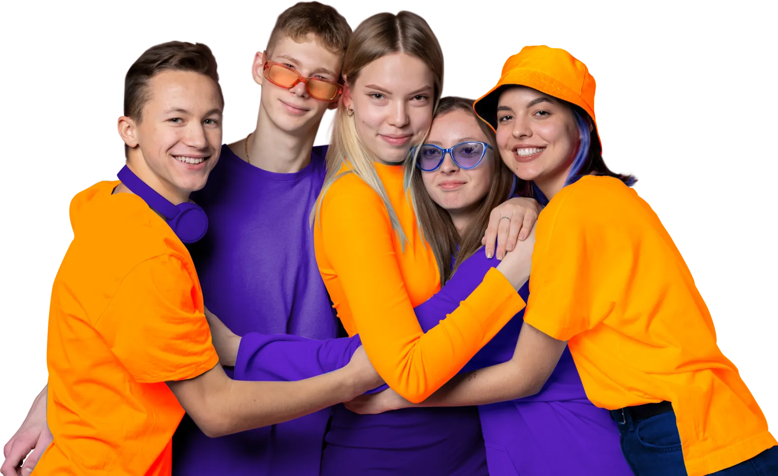 Five smiling teenagers in orange and purple, arms around each other