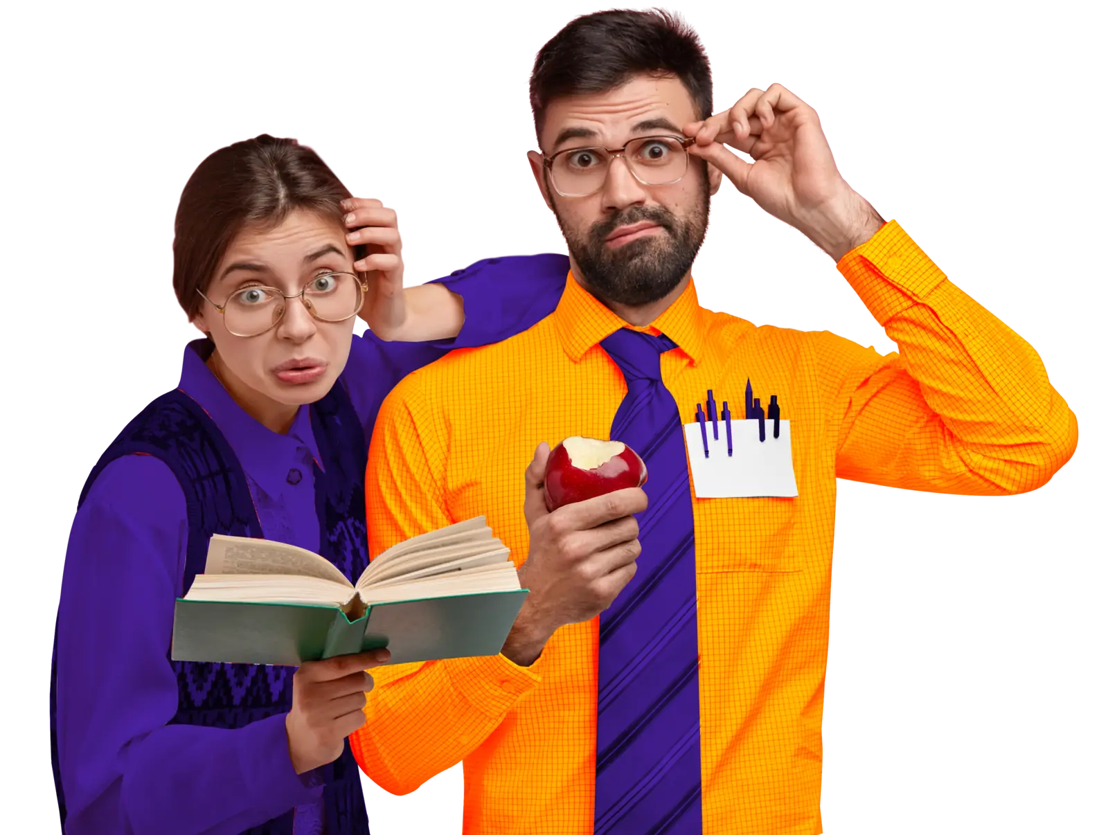A man in glasses and an orange shirt holding an apple, beside a puzzled young woman reading a book
