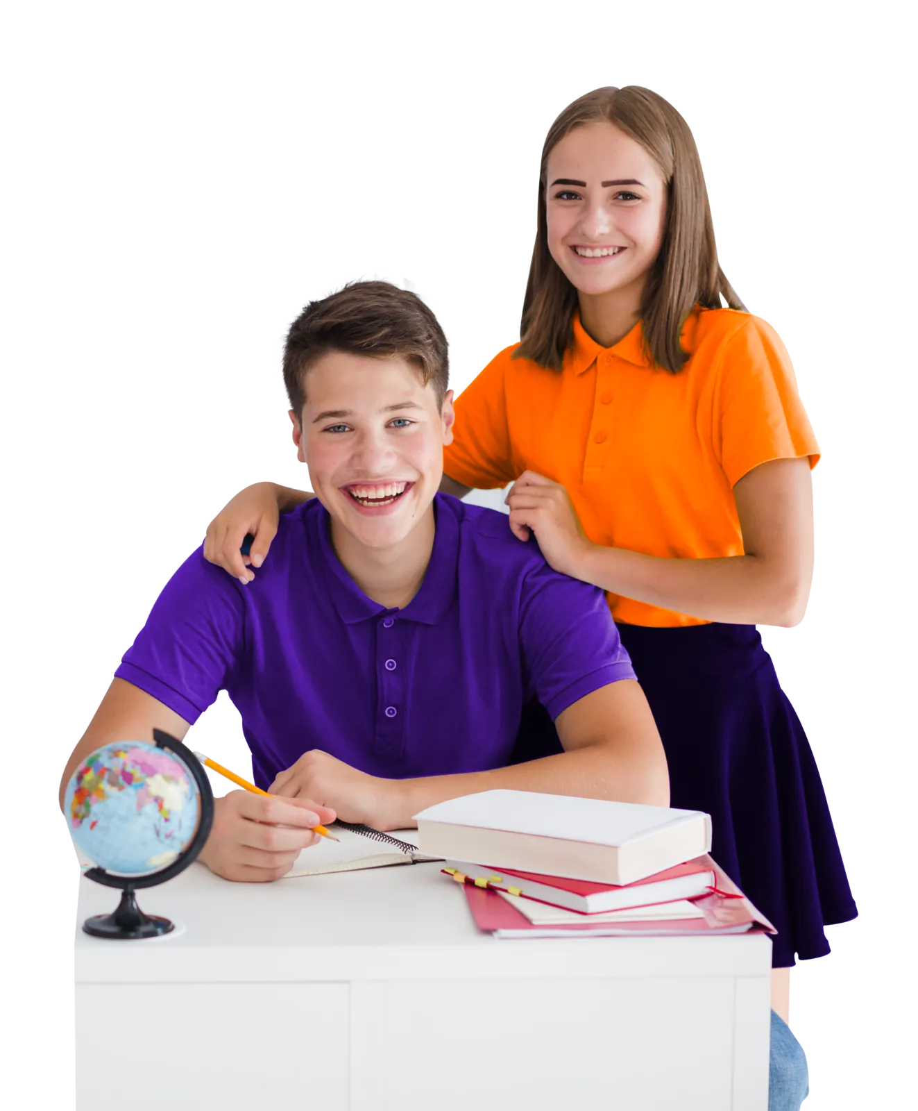 A smiling student in a purple shirt at a desk with books and a globe, a classmate in orange standing behind him