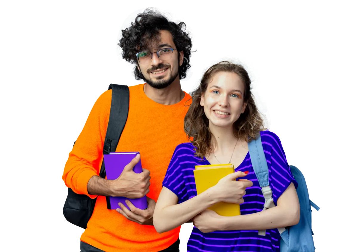 Two smiling students holding books, a young man in an orange sweater with a backpack and a young woman in a striped purple top