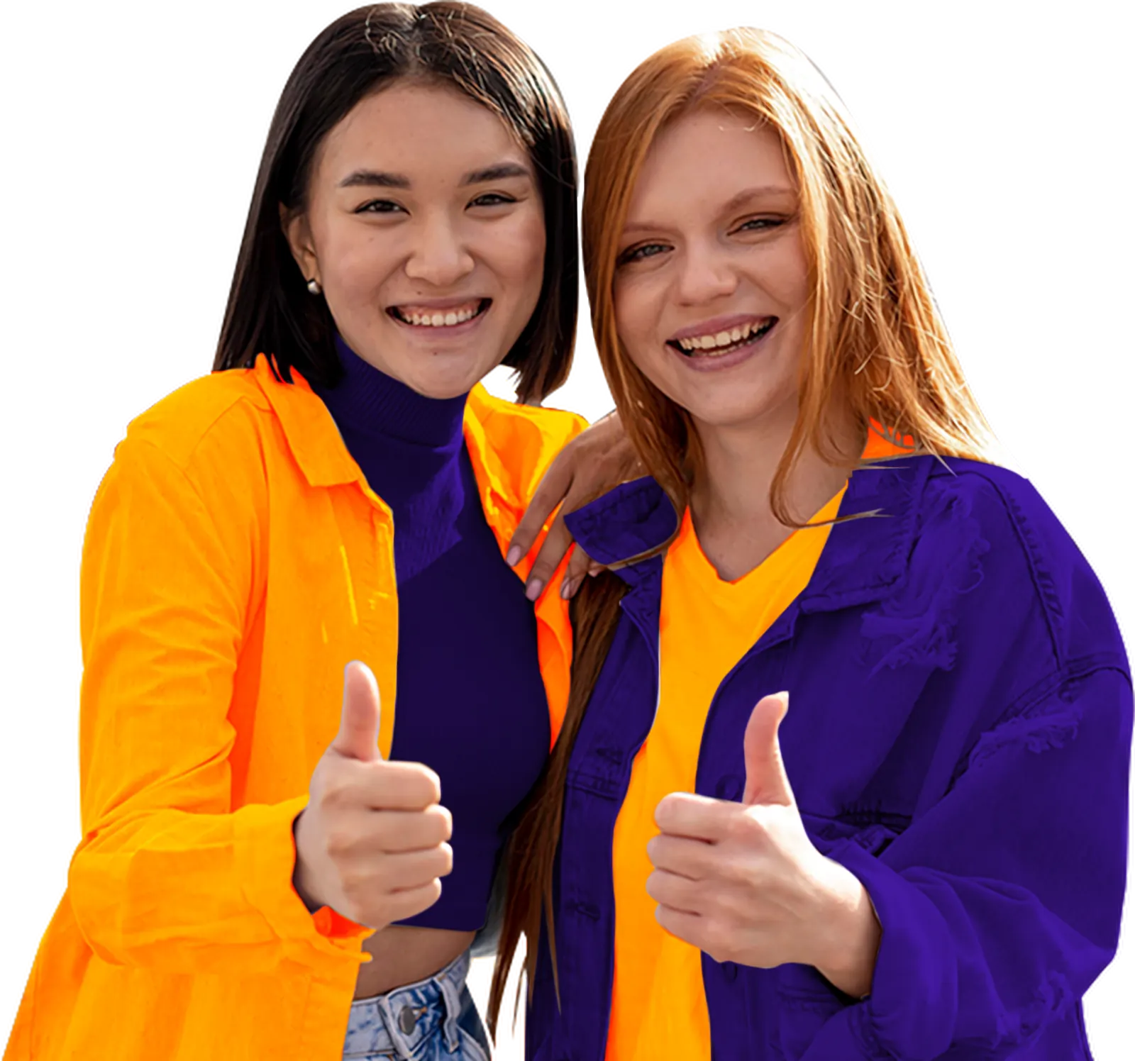 Two smiling students giving a thumbs up, one in an orange jacket and one in a purple jacket